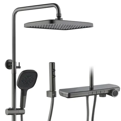 Immagine prodotto di Sistema doccia termostatico, 4 funzioni, colore grigio gunmetal, dimensioni 340x220 mm, soffione a pioggia