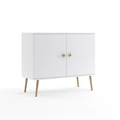 Produktbild von Kommode 100 cm Weiß mit Türen Holzbeine Boho Skandi Sideboard modern