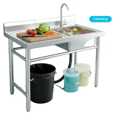 Productafbeelding van Professionele spoelbakken voor commercieel gebruik, 201 roestvast staal, 100x60x93 cm, draagvermogen 200 kg, enkele spoelbak, 360° draaibare kraan