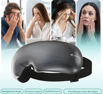A collage showing people experiencing eye strain and headaches, with a product image of an eye massager in the foreground.