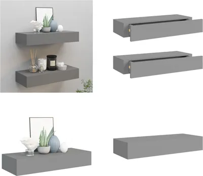 Produktbild von vidaXL Wandregale mit Schubladen 2 Stk. Grau 60x23,5x10 cm MDF - Schubladenregal - Schubladenregale - Wandregal - Wandregale