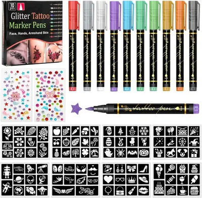 Zdjęcie produktu dla Zestaw do tatuaży dla dzieci, 10 sztuk, z 94 szablonami, zestaw do tatuaży brokatowych do kreatywnych zajęć