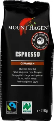 Produktbild von 100 % ARABICA-ESPRESSO-KAFFEE, GEMAHLEN, FAIRTRADE, , 250 g – MOUNT HAGEN