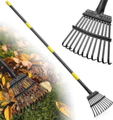 Imagen del producto de Rastrillo de jardín con 11 dientes de metal, 180 cm de largo, 21 cm de ancho, mango de acero ajustable, ideal para recoger residuos de jardín