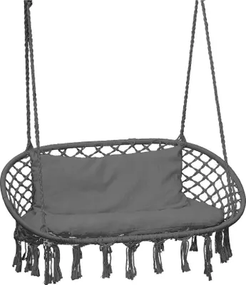 A dark gray double hanging chair with a cushion, suspended by ropes against a white background.
