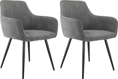 Two gray upholstered chairs with black metal legs are shown against a white background.