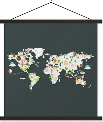 Produktbild von MuchoWow® Textilposter Weltkarte - Kinder - Tiere 60x60 cm mit schwarzem Rahmen - Posteraufhänger