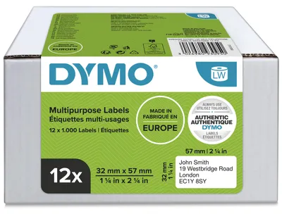 Zdjęcie produktu dla DYMO Oryginalne etykiety uniwersalne LabelWriter | 32 mm x 57 mm | 12 rolek po 1000 łatwych do odklejenia etykiet (12 000 sztuk) | Samoprzylepne | Do drukarek etykiet LabelWriter, Biały, Samoprzylepne etykiety do drukowania, Papier, Na stałe, LabelWriter, 3,2 cm