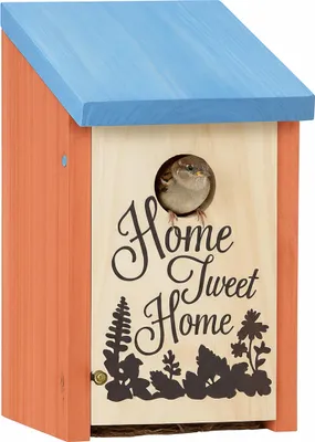 Produktbild von Relaxdays Nistkasten für Meisen, Spatzen, 32 mm, Reinigungsklappe, Holz, Vogelhaus zum Aufhängen, Nisthöhle, orange/blau
