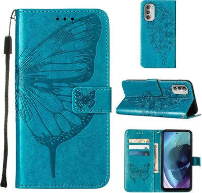 Produktbild von Moto G51 5G Hülle, Schmetterling Prägung Flip Leder Kartenfächer Schutzhülle Ledertasche mit Ständer für Motorola Moto G51 5G Blau