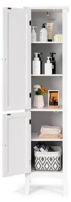 Produktbild von Schmaler 5-stöckiger Badezimmerschrank, freistehender Hochschrank mit 2 Lamellentüren, Regalen und Kippsicherung, Badschrank für Badezimmer, Küche und Wohnzimmer, 37 x 37 x 160 cm (Weiß)
