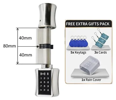 Zdjęcie produktu dla Inteligentny zamek do drzwi - cylinder Bluetooth - 80 mm - sterowanie za pomocą aplikacji/RFID/kod PIN - automatyczne zamykanie - wodoszczelność IP68 - kolor srebrny