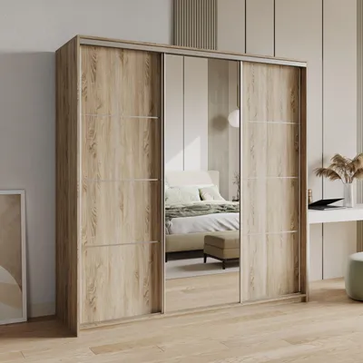 Produktbild von Masseno Schiebetürenschrank VARO 180/205/60 cm Kleiderschrank mit 4 Schubladen Schlafzimmer Schrank 3-türig mit Spiegel Sonoma Eiche