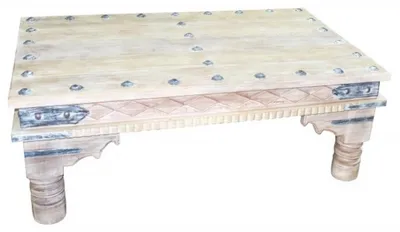 Produktbild von Marokkanischer Wohnzimmertisch Couchtisch aus Holz massiv Hayed 120cm | Vintage Tisch aus Massivholz mit Metall verziert für Ihre Wohnzimmer | Orientalischer Sofatisch Massivholztisch Shabby Weiss