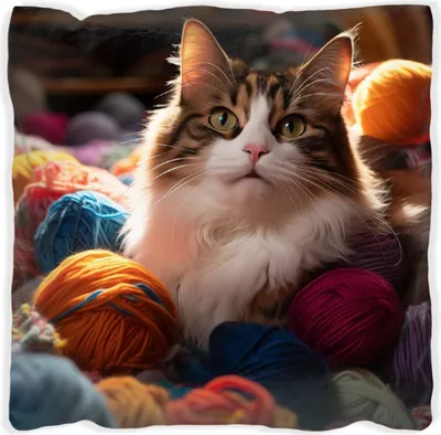 Produktbild von Wallario Premium Kissen, weiche Oberfläche, mit Motiv Katze in einem Berg von Wollknäuel, Größe: 40 x 40 cm, mit weißer Rückseite