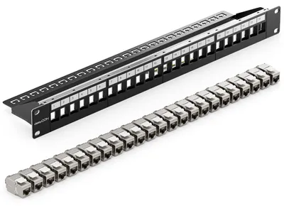 Produktbild von deleyCON 24 Port Patchpanel Set Patchfeld CAT6a 1 HE 19 Zoll - Schwarz