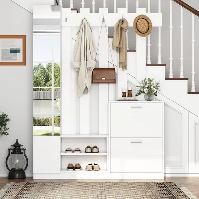 Produktbild von Garderobenset mit Spiegel und Schuhschrank Kompaktgarderobe für Türöffnungen 135*25*180cm Weiß