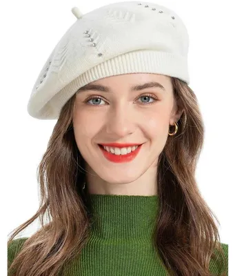 Zdjęcie produktu dla Czapka baskijska damska, jednolity kolor, beret, uniwersalny rozmiar, zdobiona kryształkami, kolor biały