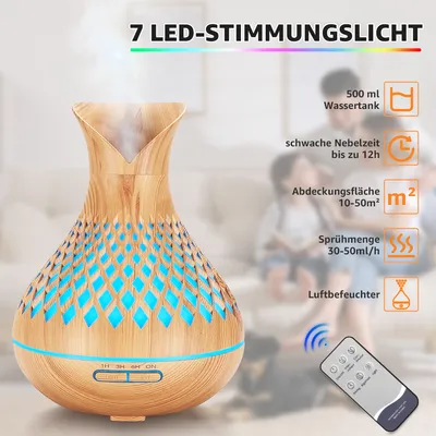 Produktbild von 7Magic Aroma Diffuser mit Fernbedienung 500ml, Ultraschall Luftbefeuchter Aromatherapie Diffuser, 7 Farben LED, 4 Timer, BPA-frei, Ultra Leise