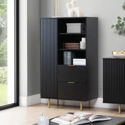 Produktbild von Bücherregal Nubia R1D2SZ Standregal mit 1-Tür und 2-Schubladen Push to Open system Vitrine gefräste Fronten (Schwarz + goldene Beine)