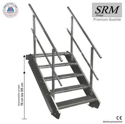 Produktbild von 5 Stufen Stahltreppe beidseitig. Geländer Breite 100cm Geschosshöhe 70-105cm
