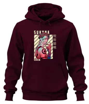 Zdjęcie produktu dla Sukuna Jujutsu Kaisen – Król Klątw: Bluza z kapturem z motywem anime, czerwone oczy, mroczny styl, uni , kolor bordowy, rozmiar XXL