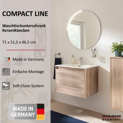Produktbild von FACKELMANN COMPACT LINE Waschbecken mit Unterschrank  71 cm, Braun, Keramikbecken Weiß, 1 Schublade, modernes Design für Dein Bad