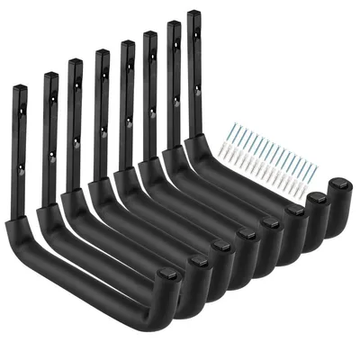 Productafbeelding van 8 grote garagehaken (25,4 cm), zonder riemen, geschikt voor wandmontage.