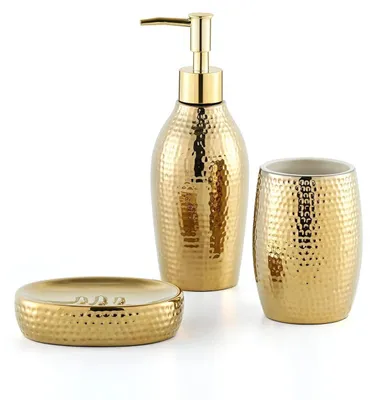 Immagine prodotto di Set di dispenser per sapone dorati, composto da 3 pezzi, in Vetroceramica, per accessori da bagno, con portasapone e bicchiere per lo spazzolino