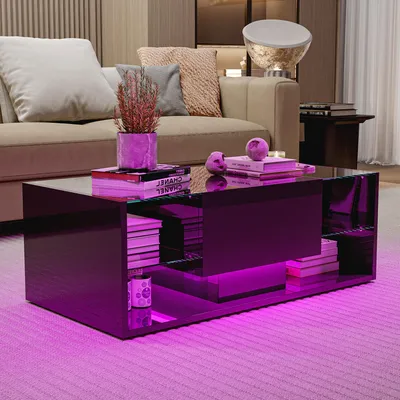 Produktbild von UnboxG LED-Couchtisch Schwarz Hochglanz, App & Fernbedienung, Ablage, Schublade, Nordischer Stil