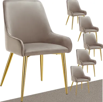 A set of dining chairs with velvet-like upholstery and gold legs, presented on a white background with a grey floor shadow.