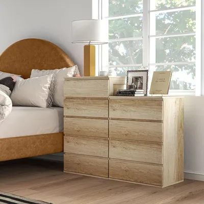 Produktbild von ZMH Kommode mit 5 Schubladen, grifflos, minimalistisches Design, 60 x 38 x 100 cm, Naturholz