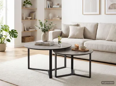 Produktbild von Couchtisch >Massa< (2er-Set) in Beton Nachbildung / schwarz - Ø 80 und Ø 60 cm
