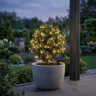 Produktbild von MasterLED Solar Lichterkette Außen 12m 100 LED Kupferdraht IP44 mit Dämmerungssensor Warmweiß 3000K Gartendeko