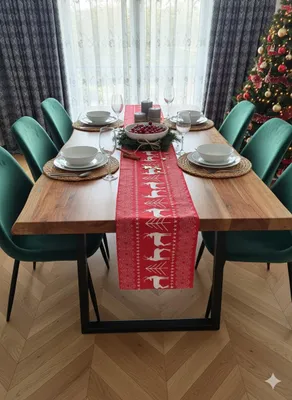 Produktbild von Tischläufer 268×34,5 cm Rot Nordic Rentiermotiv – abwischbarer Läufer, pflegeleicht, festliche Tischdeko für Weihnachten & Buffet