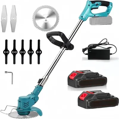 Produktbild von Akku-Rasentrimmer mit 2 Akku und Ladegerät,Leicht Freischneider mit 3 Arten Klinge,Motorsense,Teleskop-Stiel & Zusatzhandgriff für Rasen,Garten, Blau