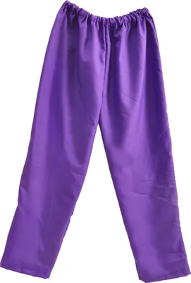 A pair of purple pants laid flat against a white background.