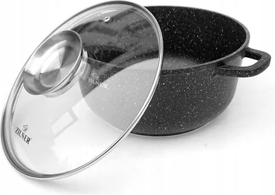 A black speckled pot with a clear glass lid is shown on a white background.