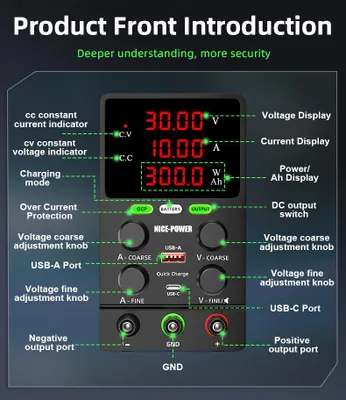 Image de Alimentation DC réglable, de 0 à 30V et de 0 à 10A, compacte, idéale pour la charge et les tests de batteries