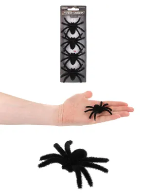4 schwarze Pelzspinnen, 7 x 5,5 cm, Halloween-Deko