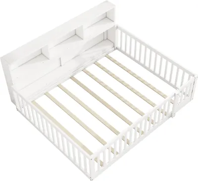 Produktbild von Flieks Kinderbett Bodenbett 140x200cm mit Regal, Holzbett Doppelbett für Kinderzimmer, Kinderbett mit Tür und Lattenrost, Weiß