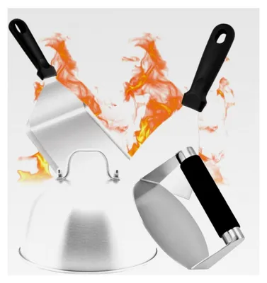 Produktbild von Edelstahl Burger Smasher Set, 4-teilig mit Burger Smasher, Burgerglocke und Grillspachteln