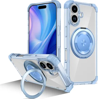 Obrázek produktu pro Pouzdro pro iPhone 17 magnetický držák prstenu, stojánek, kompatibilní s MagSafe, vojenská ochrana, průhledné pouzdro modré