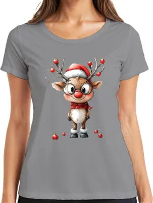 Produktbild von Lustiges Rentier Rudolf mit Brille rote Nase Weihnachten Geschenk Damen T-Shirt, Grau, L