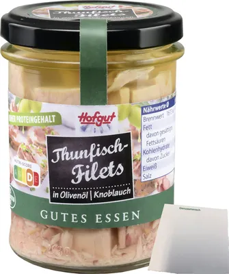 Produktbild von Hofgut Thunfisch Filets in Olivenöl mit Knoblaucharoma (190g Glas) + usy Block