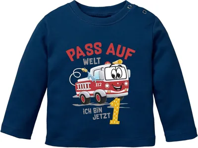 Produktbild von Baby Langarm-Shirt 1.Geburtstag Feuerwehr-Auto Pass auf Welt ich bin jetzt 1 Geburtstagsshirt Baumwolle Junge/Mädchen MoonWorks® navy 80/86 (10-15 Monate)