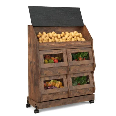 Productafbeelding van Puluomis keukenkast met dubbele rijen, groentecontainers op wielen, groentebox met ventilatie, opbergruimte voor groenten en fruit, aardappelbox in zwart en bruin