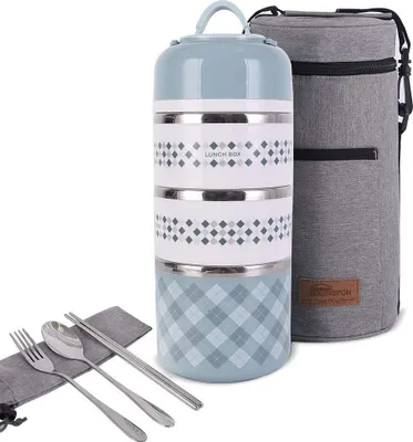 Obrázok produktu pre Obedárová krabička s 3 priehradkami, súprava nádob na uchovávanie potravín, úložné boxy, dlhodobé udržiavanie teploty (tepla/chladu), s lyžičkou, paličkami a termo taškou na obed (3 poschodia, zelený vzor)