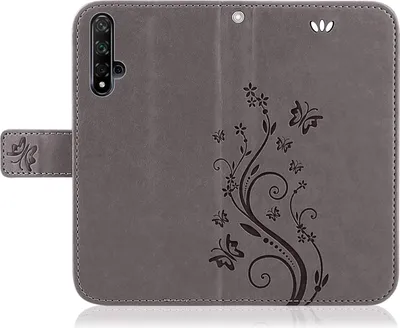 Produktbild von Handytasche für Huawei Nova 5T Blumen Flip Cover Buchhülle mit Magnetverschluss, Grau