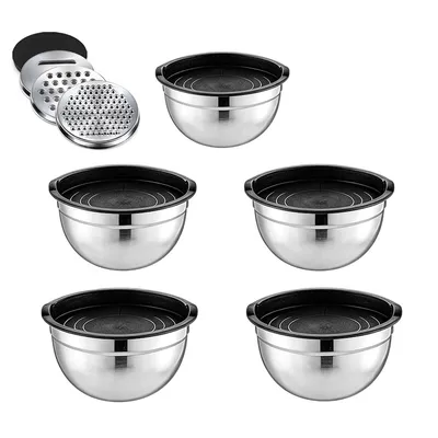 Produktbild von 5-teiliges Rührschüssel Set Edelstahl, mit Deckel & Reibe, Platzsparend Stapelbar, Robust, BPA-frei, Küchenhelfer für Backen, Kochen & Servieren